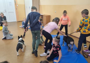 Uczniowie bawią się z psami