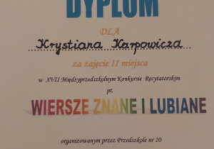 Dyplom za zajęcie II miejsca.