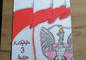 Plakat z napisem Konstytucja 3 Maja z godłem Polski i flagą Polski.