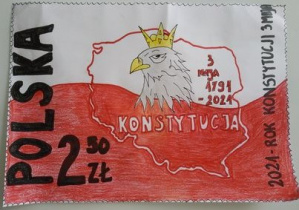 Projekt znaczka pocztowego z okazji 230 rocznicy uchwalenia Konstytucji 3 Maja. Zawiera barwy biało-czerwone, rysunek głowy orła w koronie, kontury państwa polskiego, napis Konstytucja 3 Maja, daty 1791-2021, emitera i cenę znaczka.