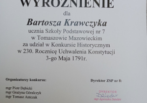 Wyróżnienie dla Bartosza Krawczyka za udział w Konkursie Historycznymm