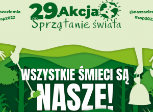 Napis WSZYSTKIE ŚMIECI SĄ NASZE na biało- zielonym tle.