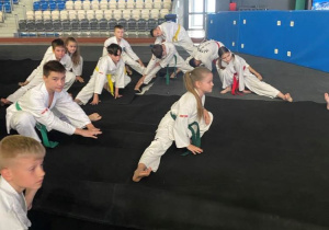 Grupa teakwondo w czasie rozgrzewki