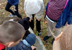 Grupa uczniów pochyla się nad nagrobkiem